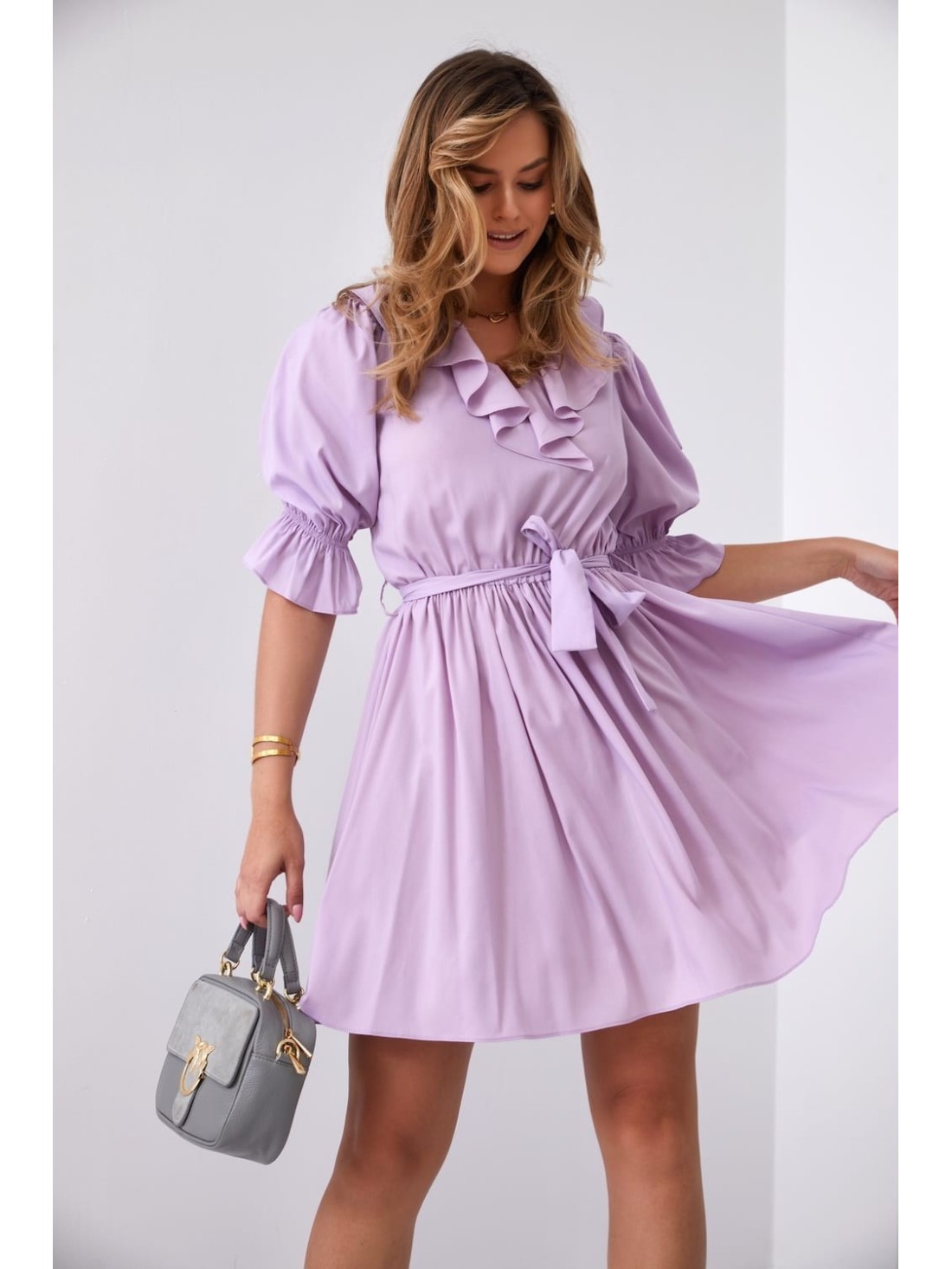 Subtle dress with ruffles at the neckline, lilac 30440 - Online store - Boutique